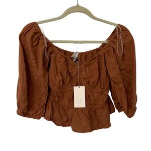 A New Day Light Brown Boho Puff Sleeve Crop Top